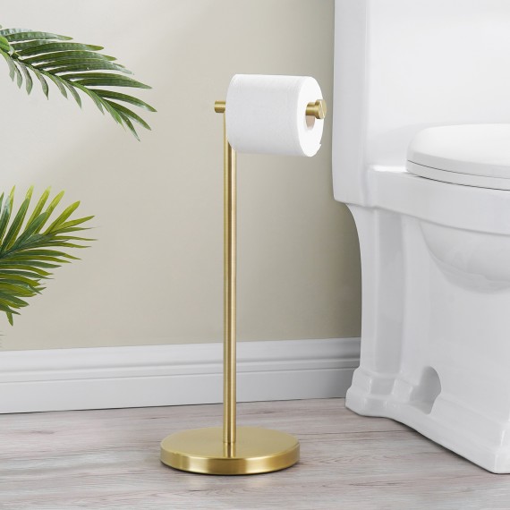 KES Gold Toilet Paper Holder Free Standing SUS 304 Stainless Steel Rustproof Pedestal Lavatory Tissue Roll Holder Floor Stand Modern Brushed Brass Finish, BPH283S1-BZ